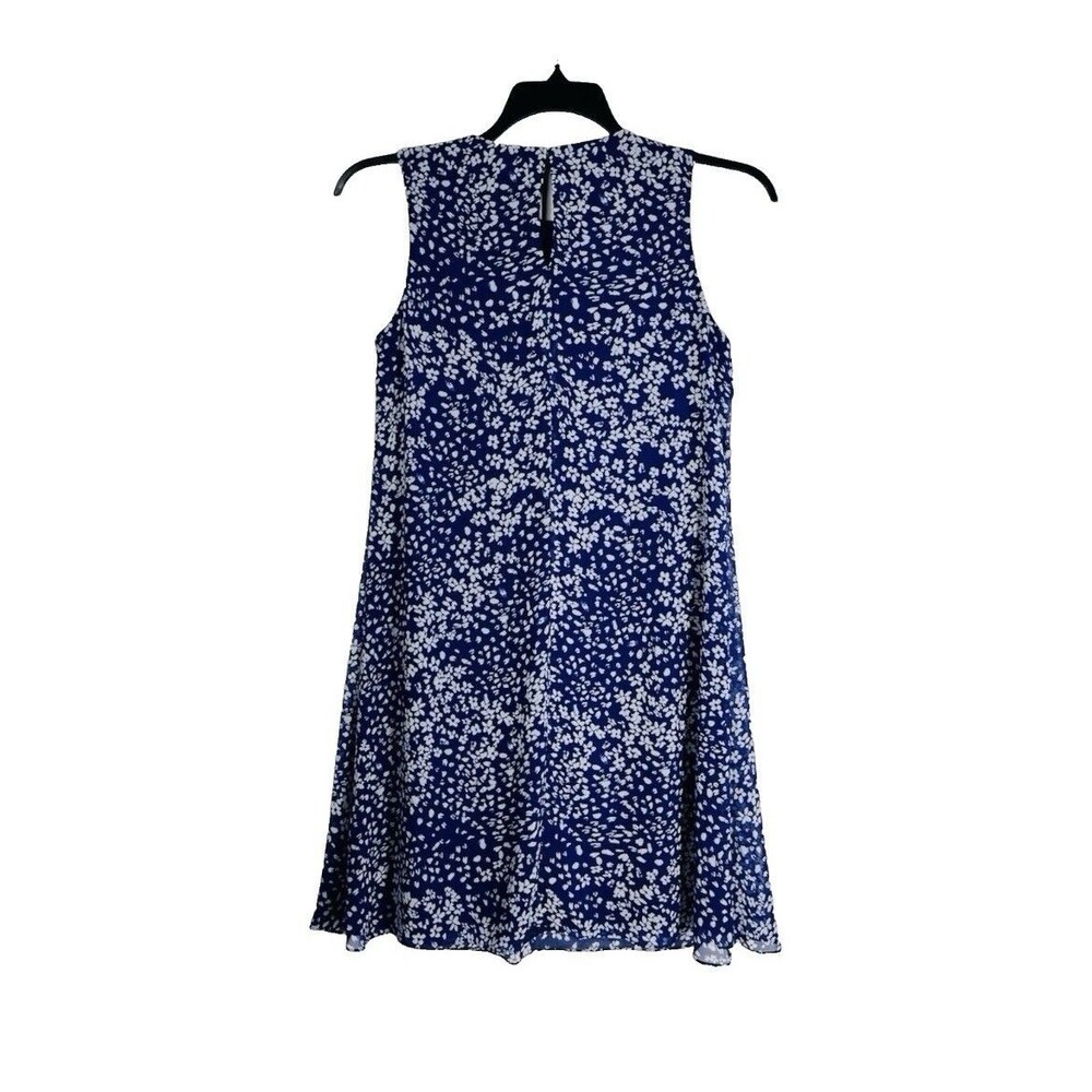 DKNY Blue Floral Sleeveless Mini Shift Dress Size 2 Pleated Neck Summer Party - Picture 4 of 8